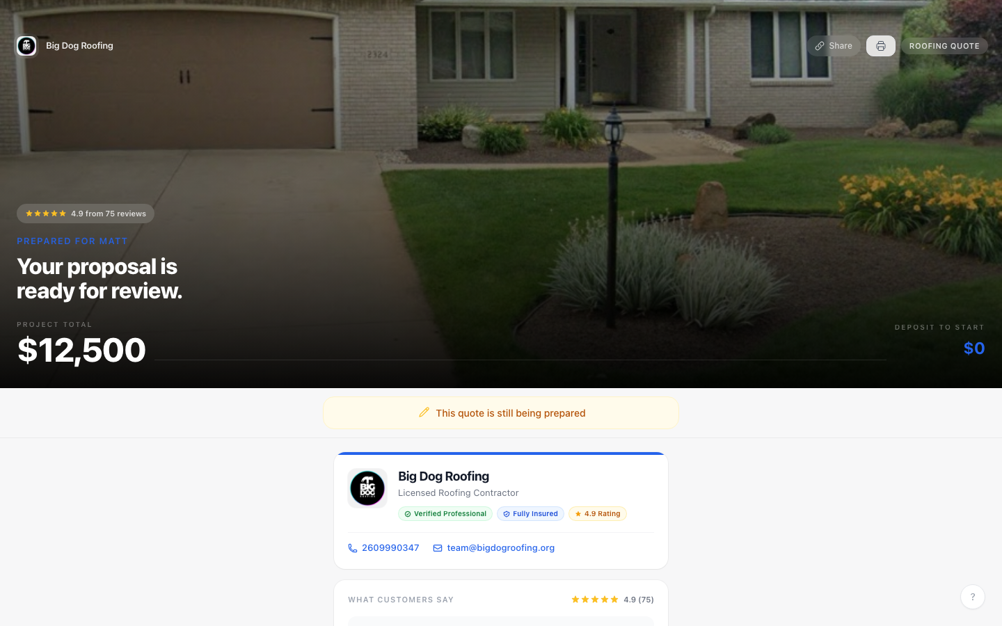 A sample SnapQuote roofing proposal preview showing branded presentation, findings, pricing, and payment flow